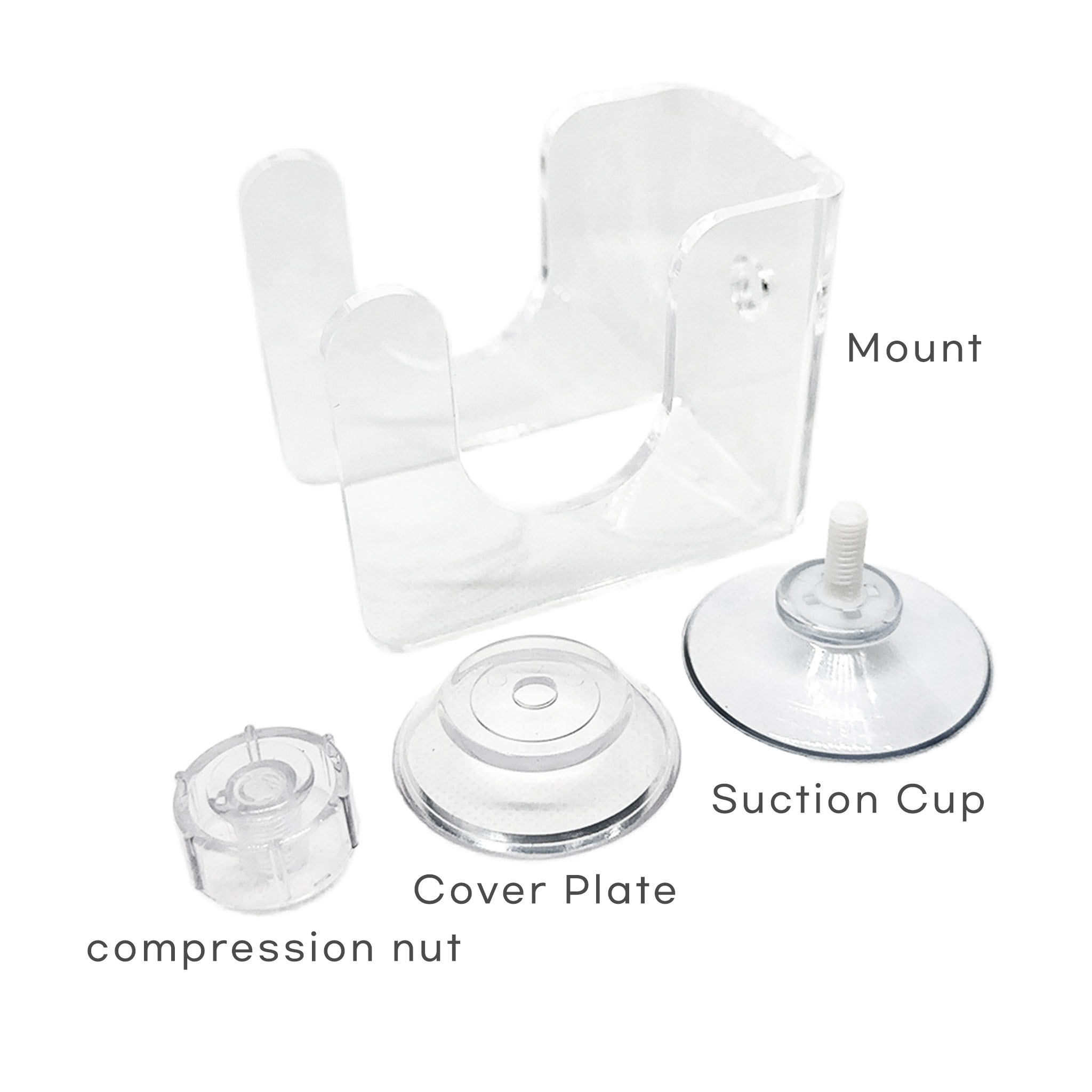 Mount components: suction cup, cover plate, mount and compression nut
